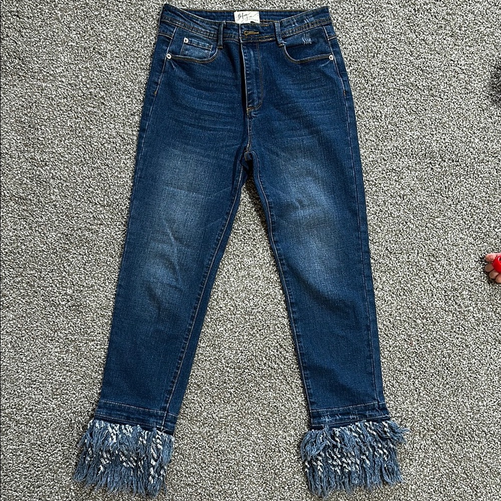 Blue Fringed Hem Women Jeans